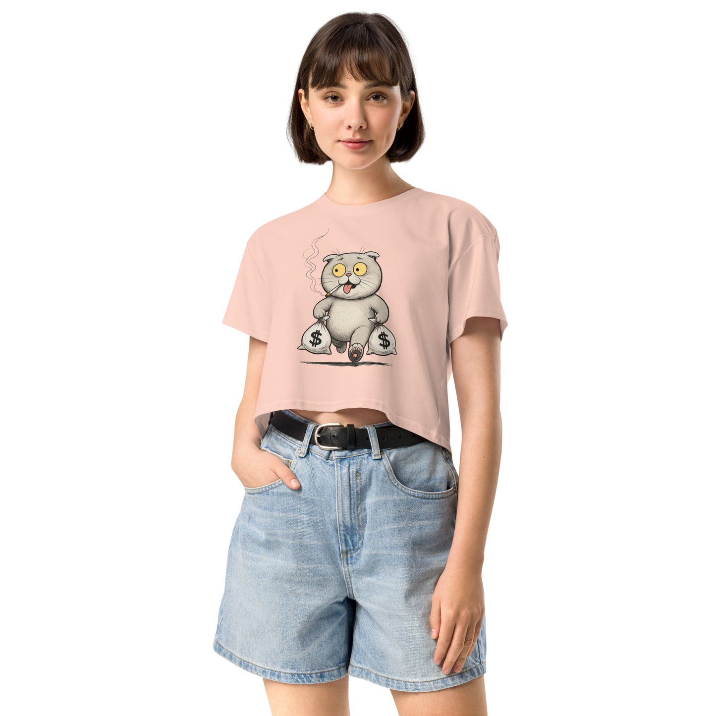 Ronas Design Rebel Cat Crop Top Front View on Women Model in Pale Pink