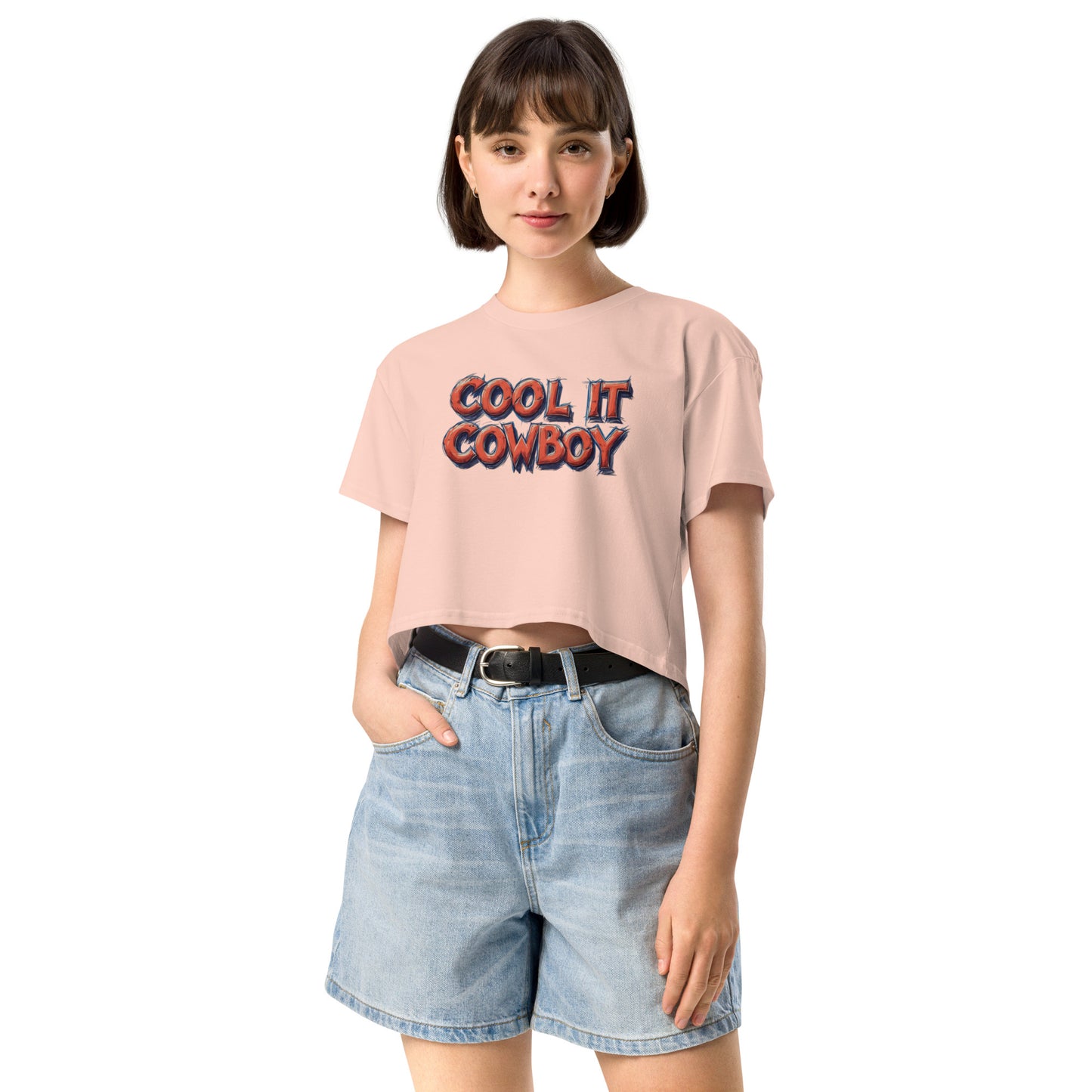 Ronas Design Cool It Cow Boy Crop Top Front View on Women Model in Pale Pink