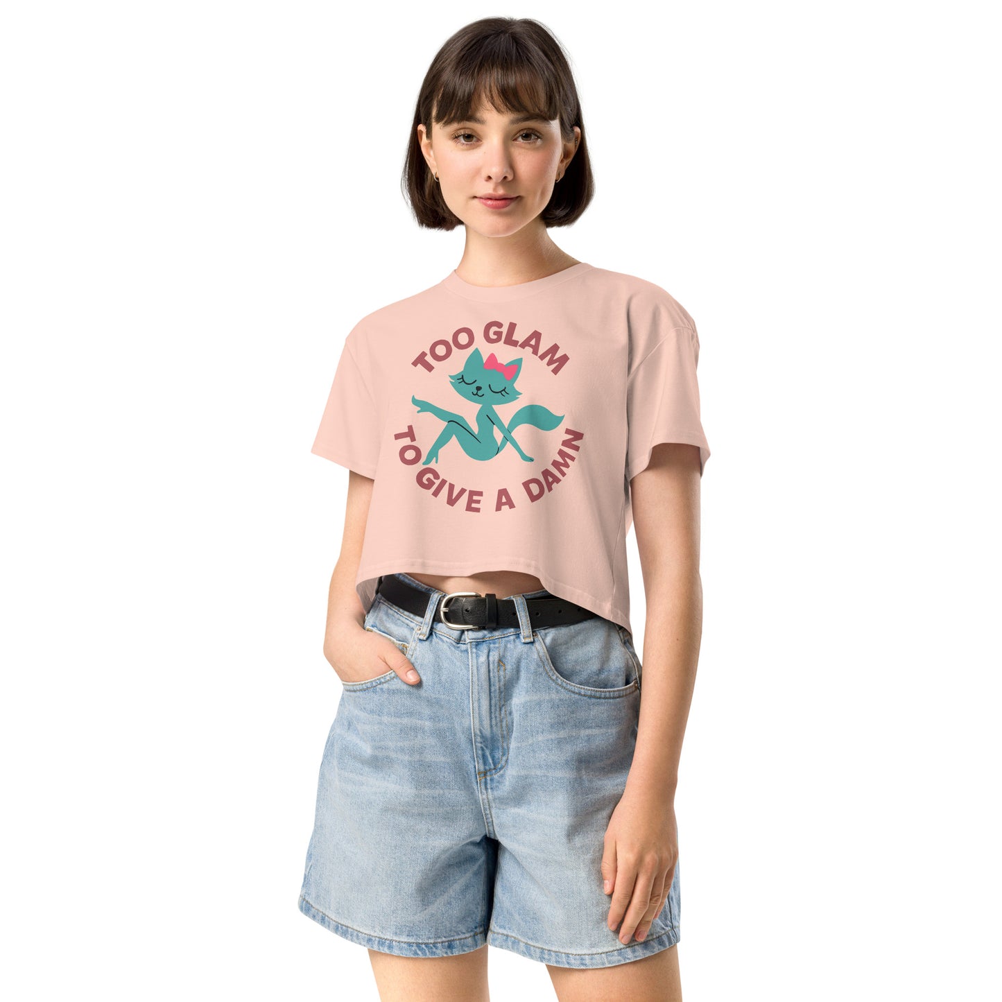 Ronas Design Glam Cat Crop Top Front View on Women Model in Pale Pink