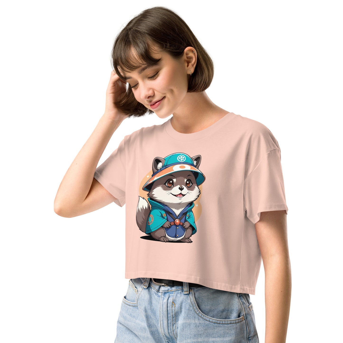 Ronas Design Magic Raccoon Crop Top Front View on Women Model in Pale Pink