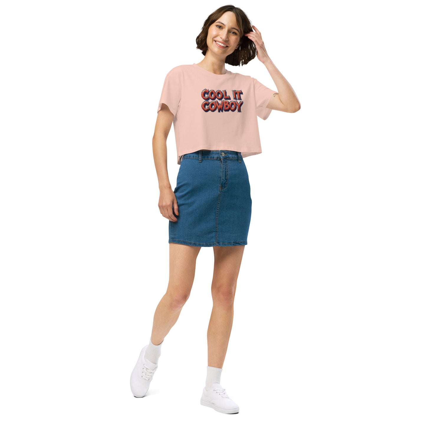 Ronas Design Cool It Cow Boy Crop Top Front Side View on Women Model in Pale Pink