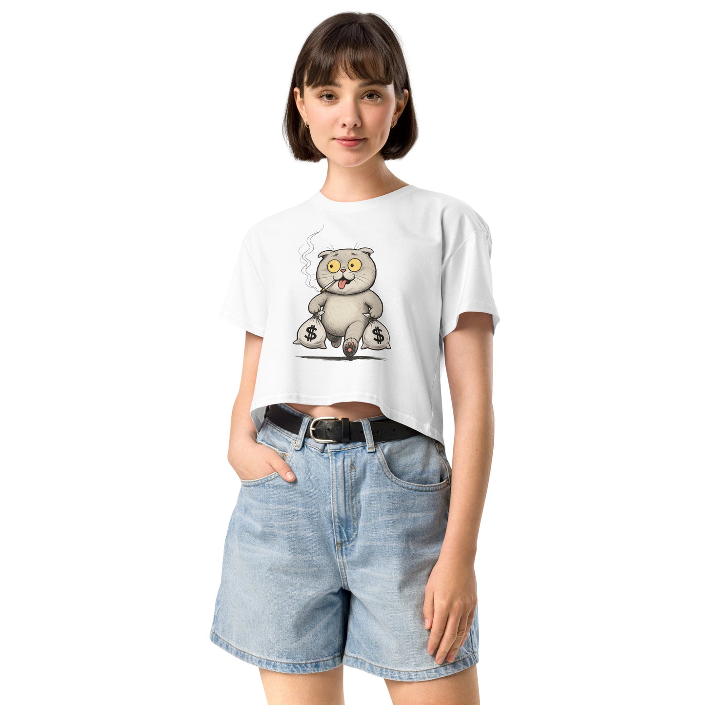 Ronas Design Rebel Cat Crop Top Front View on Women Model in White