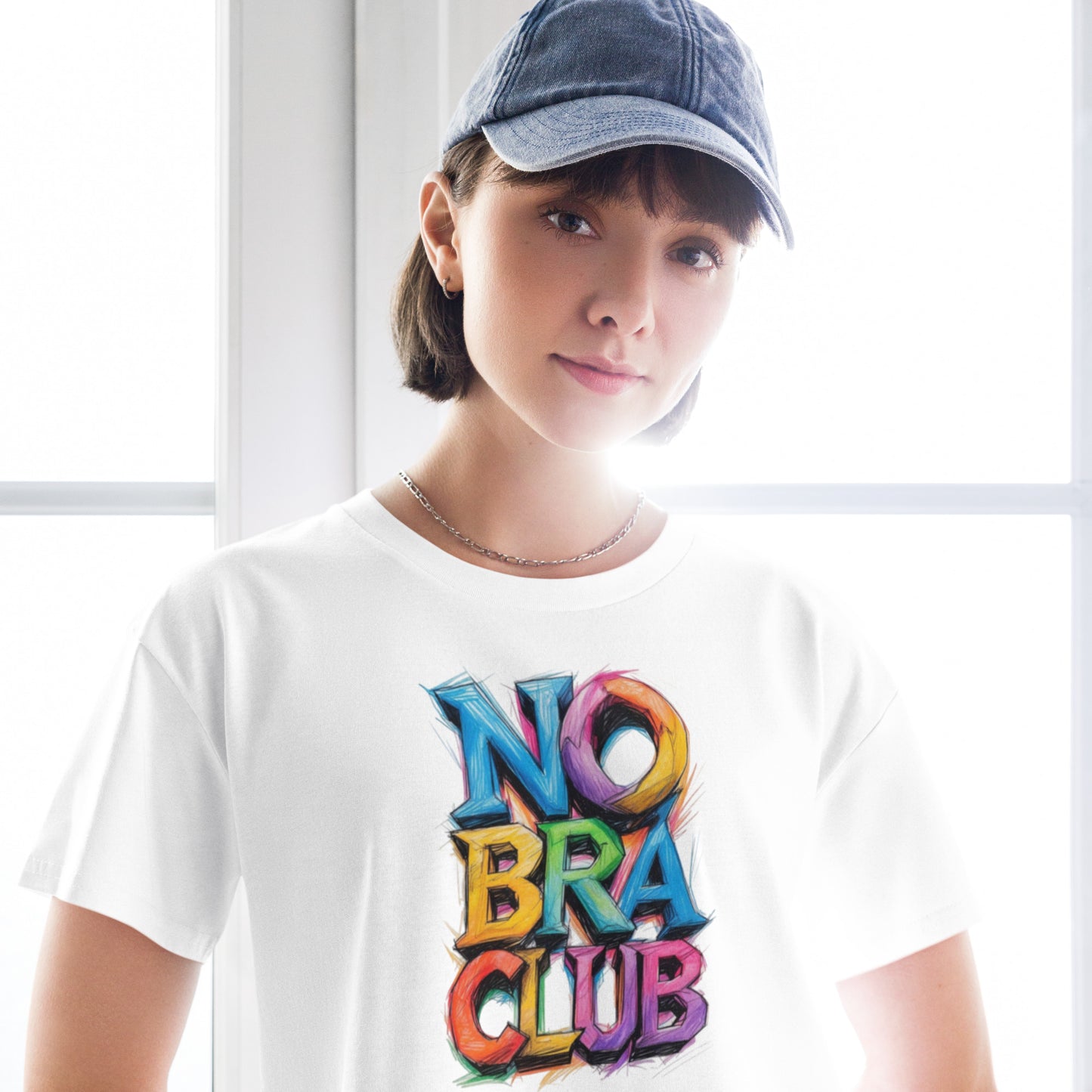 Ronas Design No Bra Club Crop Top Close Front View on Women Model in White
