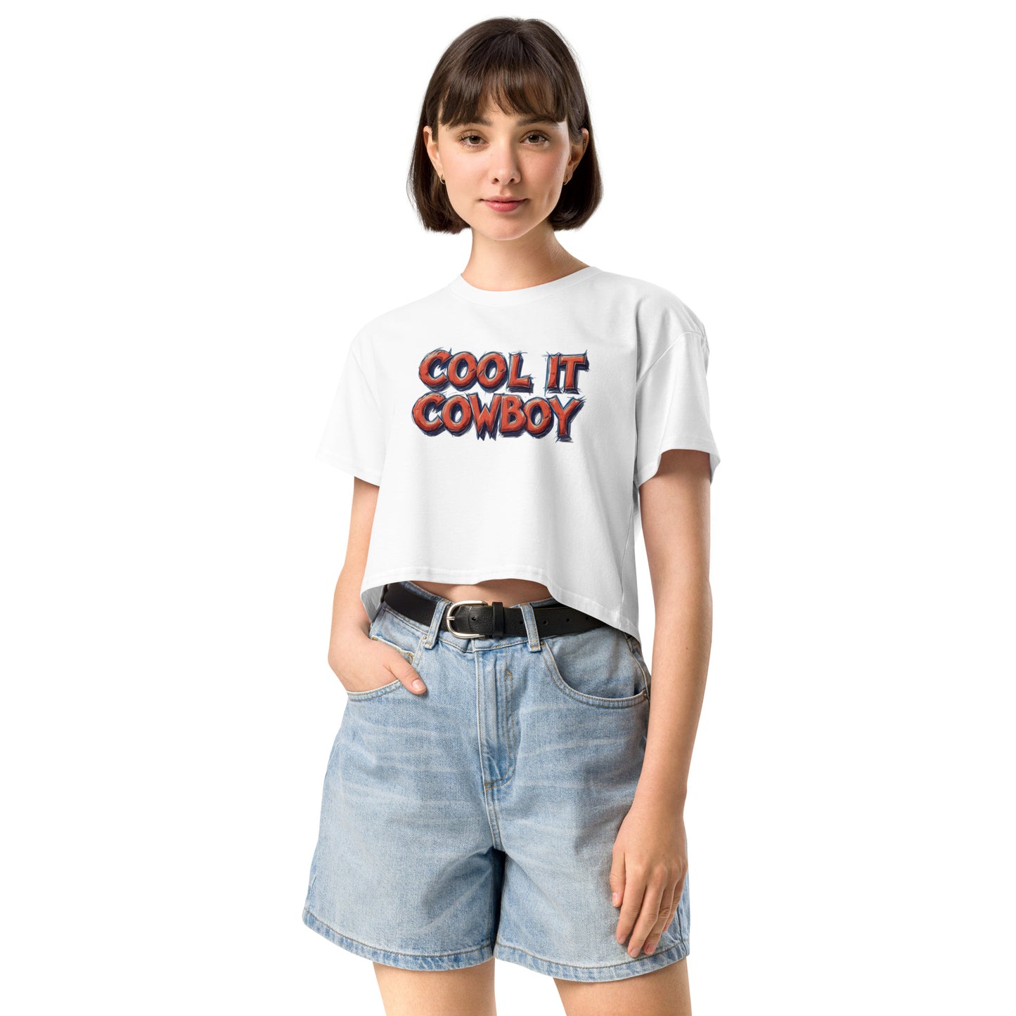 Ronas Design Cool It Cow Boy Crop Top Front View on Women Model in White
