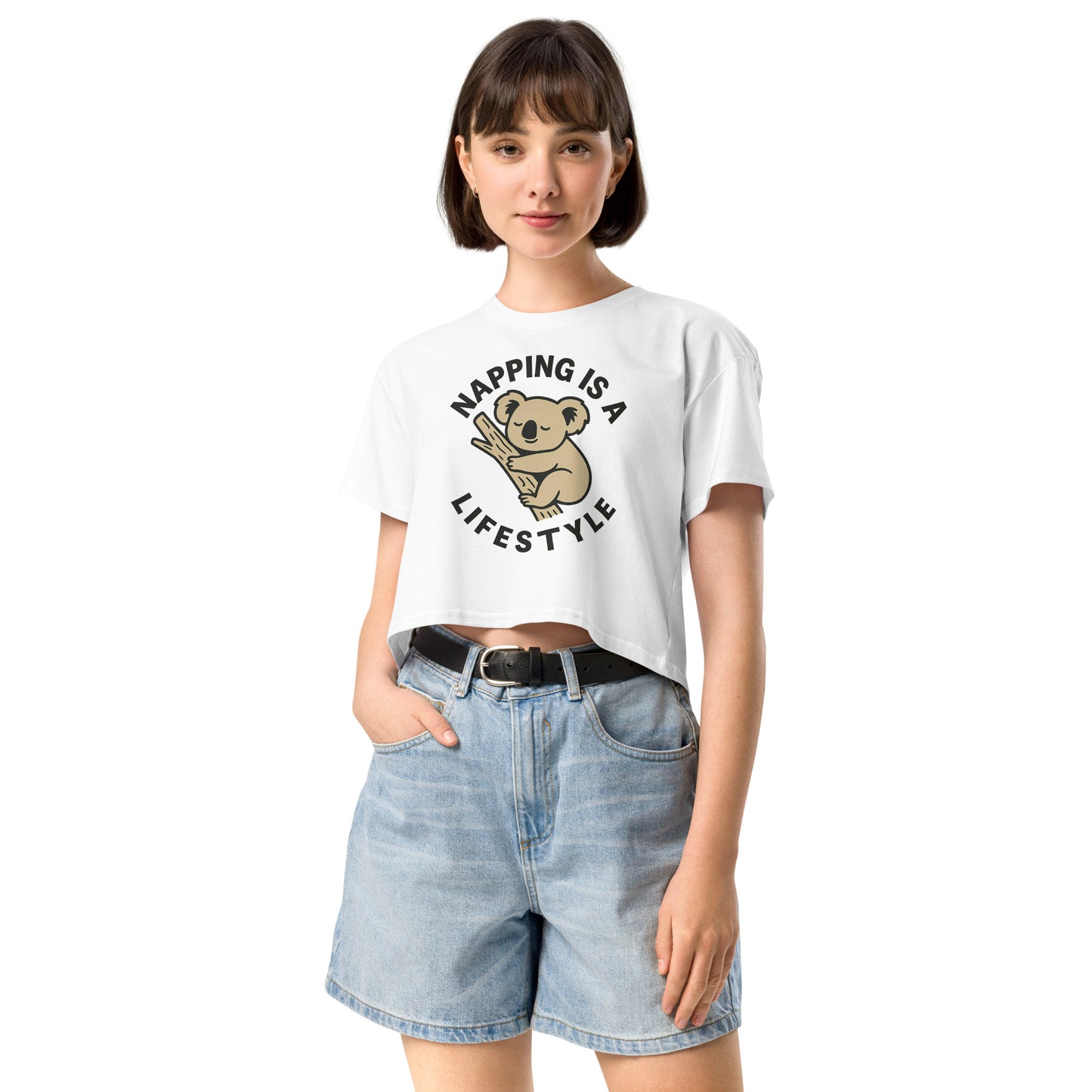 Ronas Design Nap Lifestyle Crop Top Front View on Women Model in White