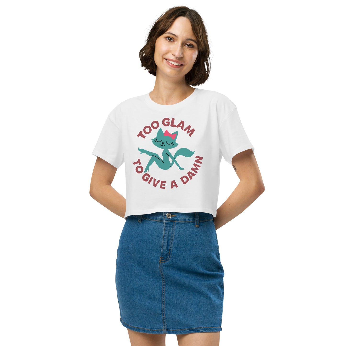 Ronas Design Glam Cat Crop Top Front Side View on Women Model in White