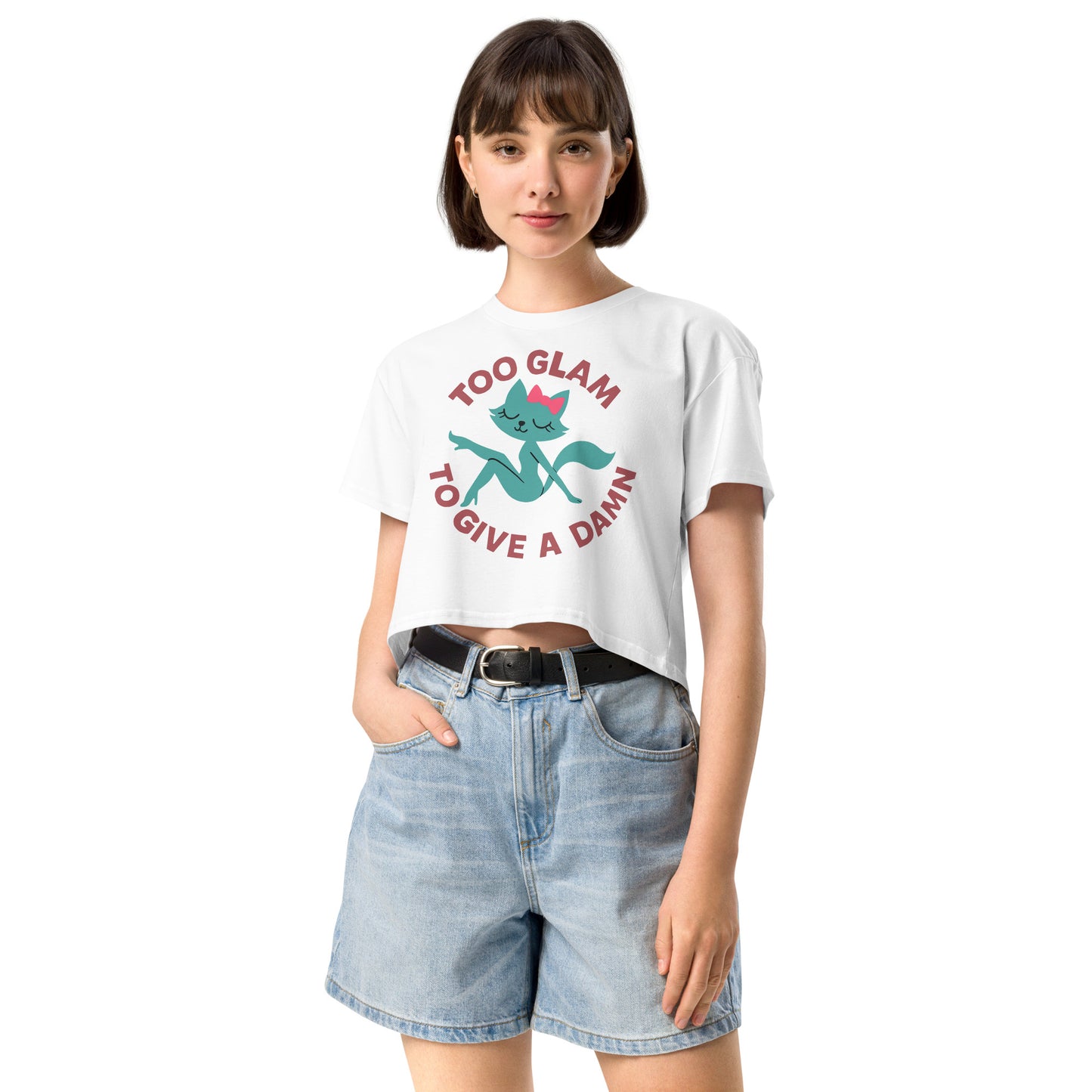 Ronas Design Glam Cat Crop Top Front View on Women Model in White