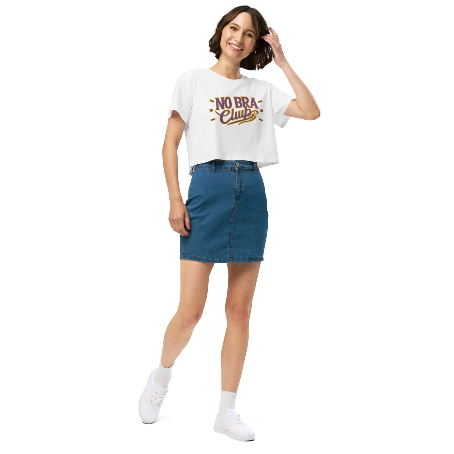 Ronas Design No Bra Club 2 Crop Top Front Side View on Women Model in White