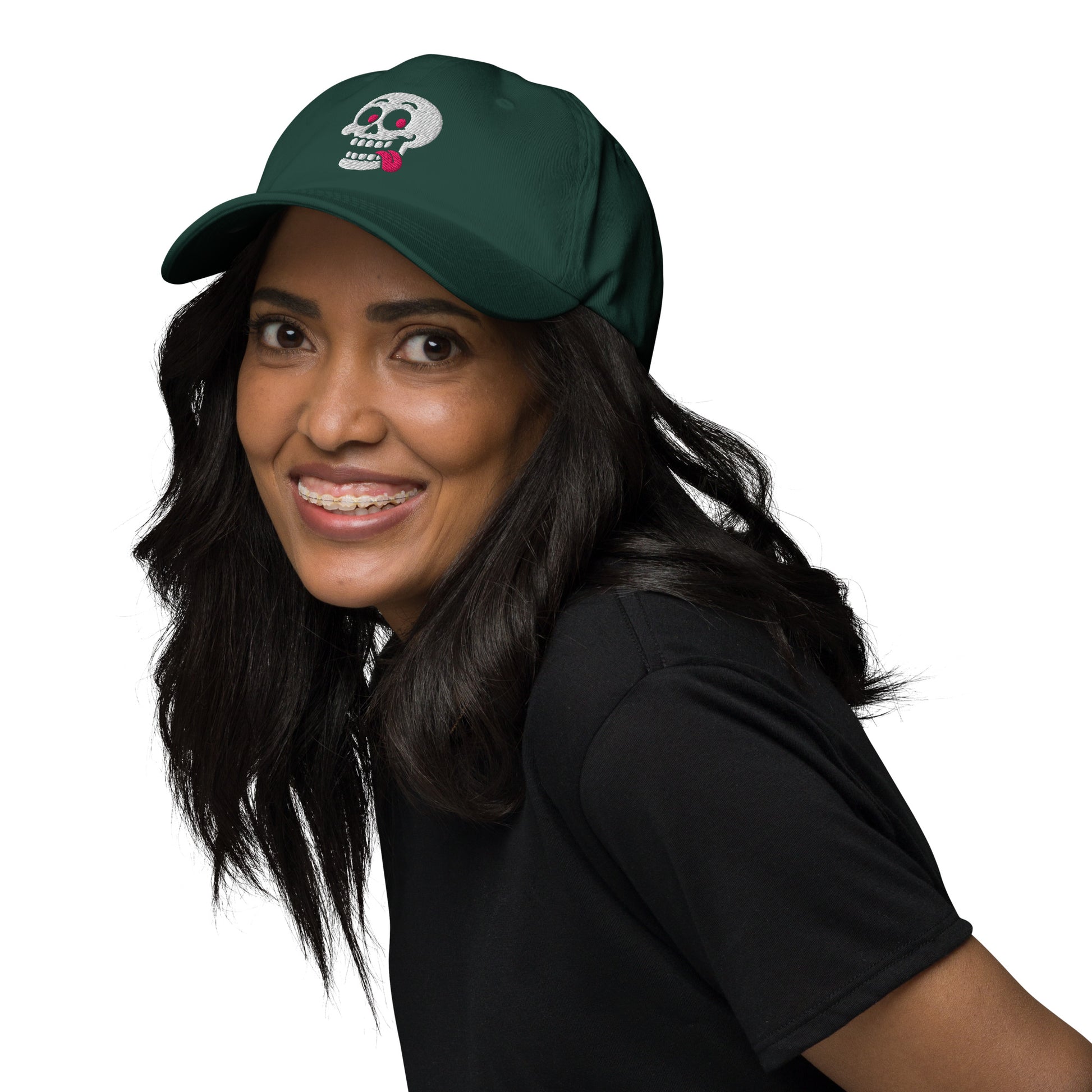 Ronas Design Pink Skull Hat Front View on Women Model in Spruce