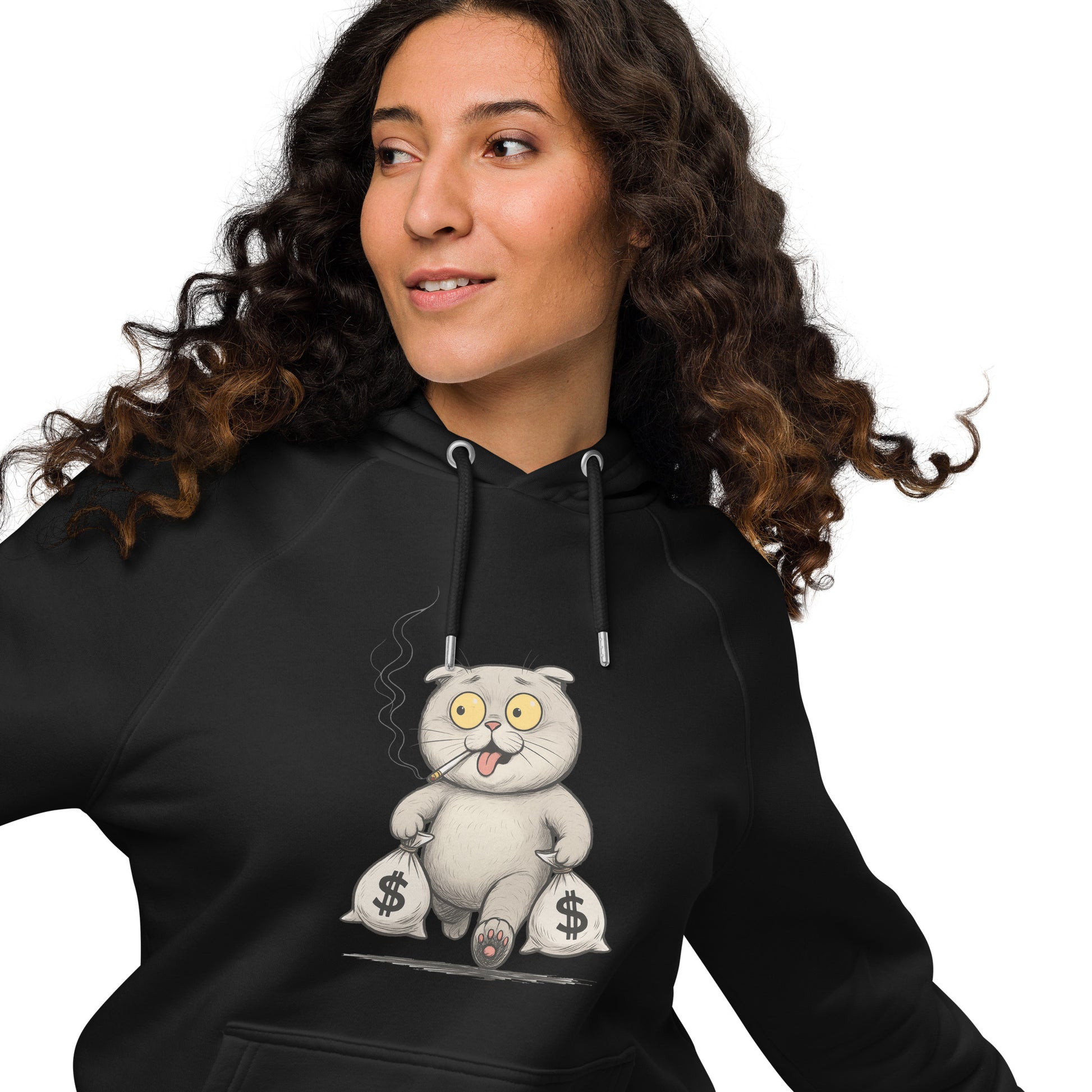 Ronas Design Money Cat Hoodie Front View on Women Model in Black