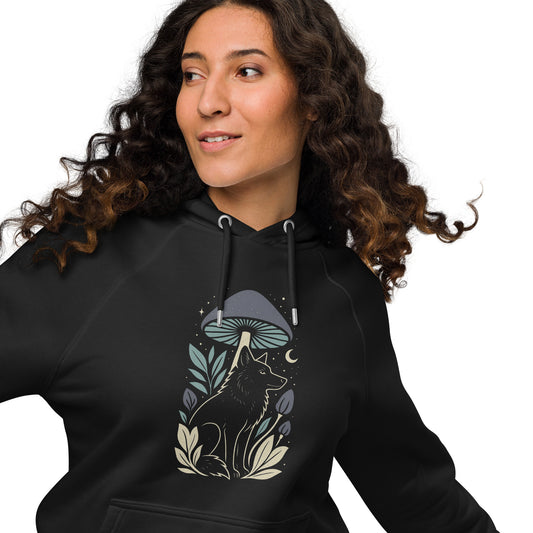 Ronas Design Mystic Wolf Hoodie Front View on Women Model in Black