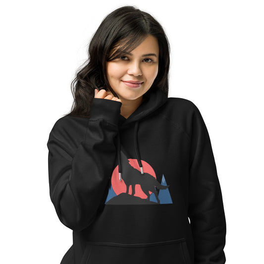 Ronas Design Sunset Wolf Howl Hoodie Front View on Women Model in Black