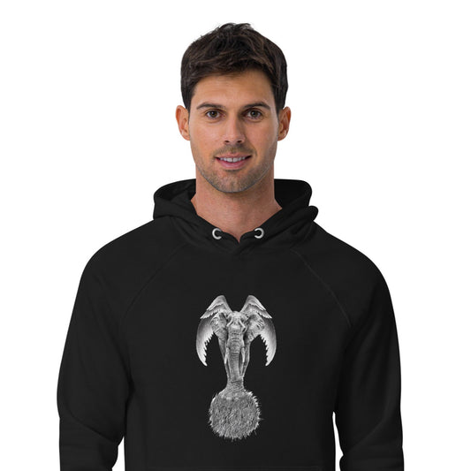 Ronas Design Elephant Ascend Hoodie Front View on Men Model in Black