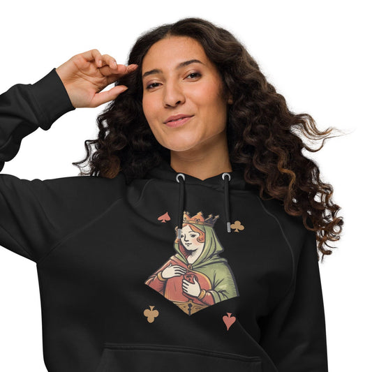 Ronas Design Queen of Cards Hoodie Front View on Women Model in Black