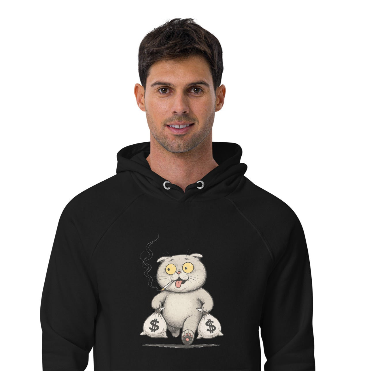 Ronas Design Money Cat Hoodie Front View on Men Model in Black