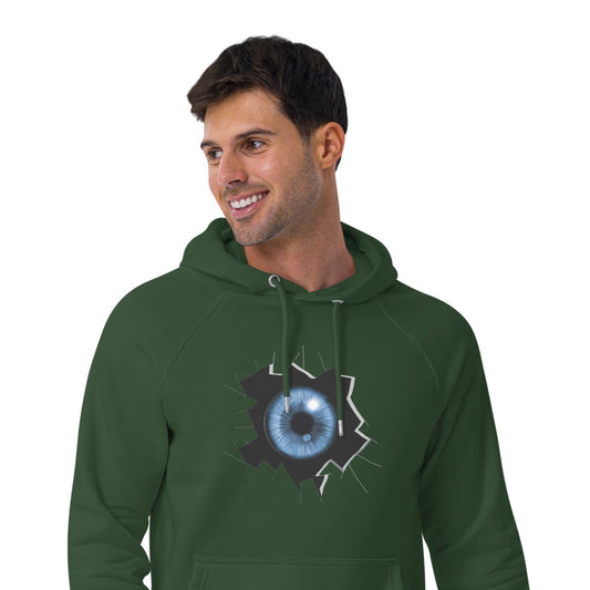 Ronas Design Cracked Reality Eye Hoodie Front View on Men Model in Bottle Green