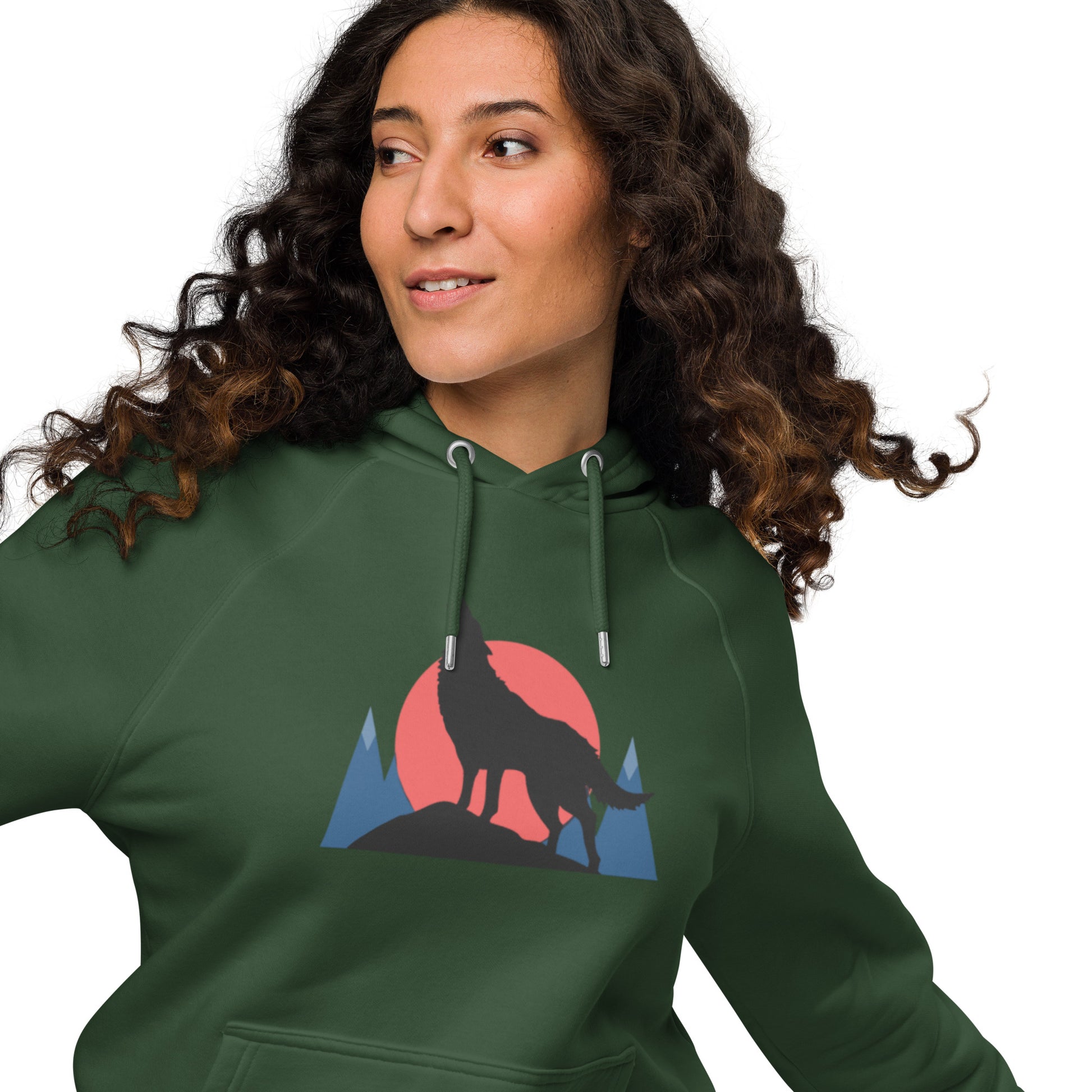 Ronas Design Sunset Wolf Howl Hoodie Front View on Women Model in Bottle Green