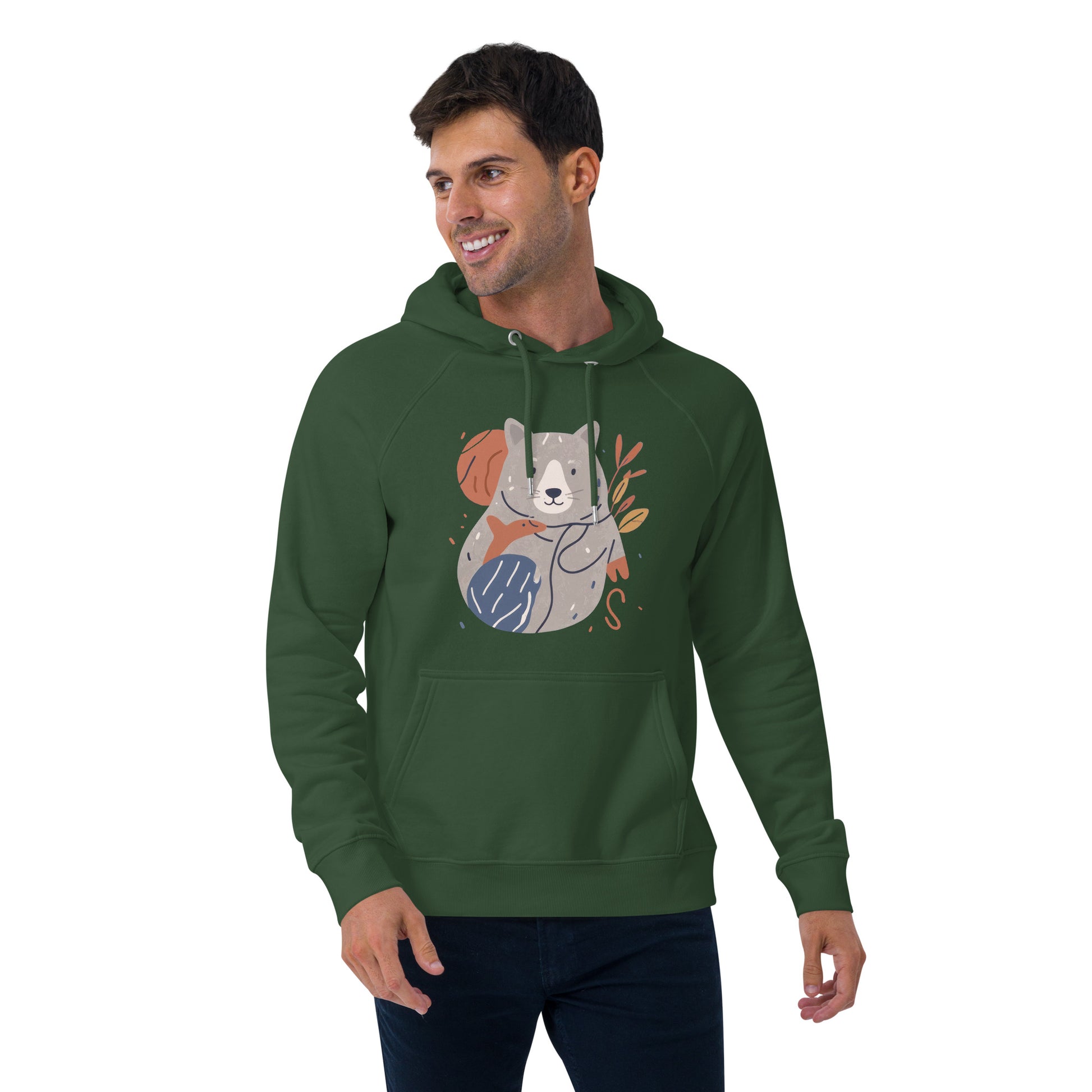 Ronas Design Cute Wombat and Friends Hoodie Front View on Men Model in Bottle Green