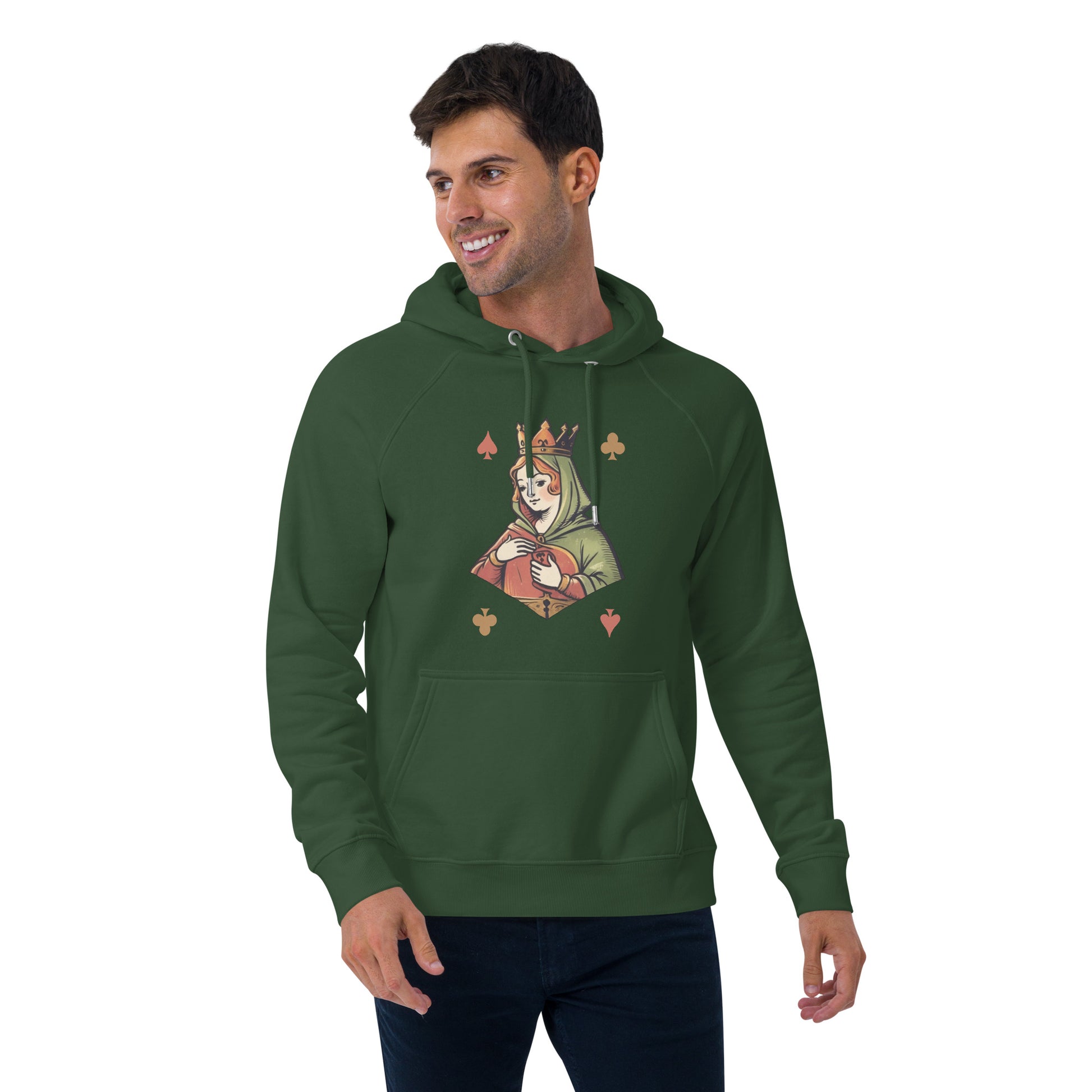 Ronas Design Queen of Cards Hoodie Front View on Men Model in Bottle Green