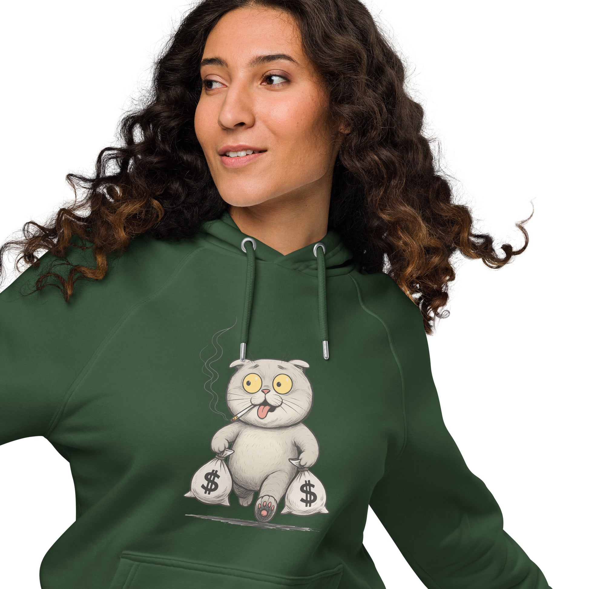 Ronas Design Money Cat Hoodie Front View on Women Model in Bottle Green