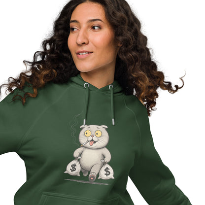 Ronas Design Money Cat Hoodie Front View on Women Model in Bottle Green