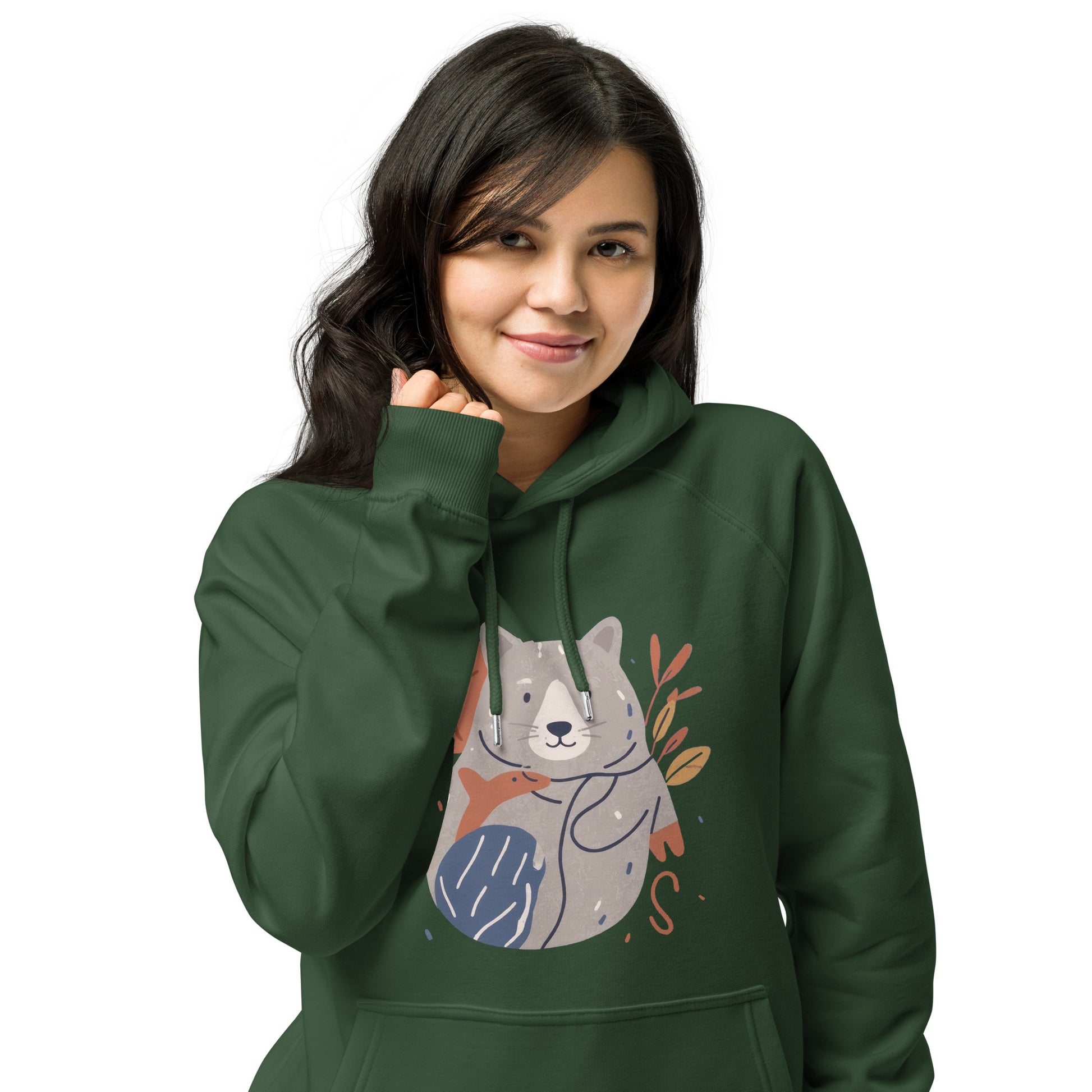Ronas Design Cute Wombat and Friends Hoodie Front View on Women Model in Bottle Green