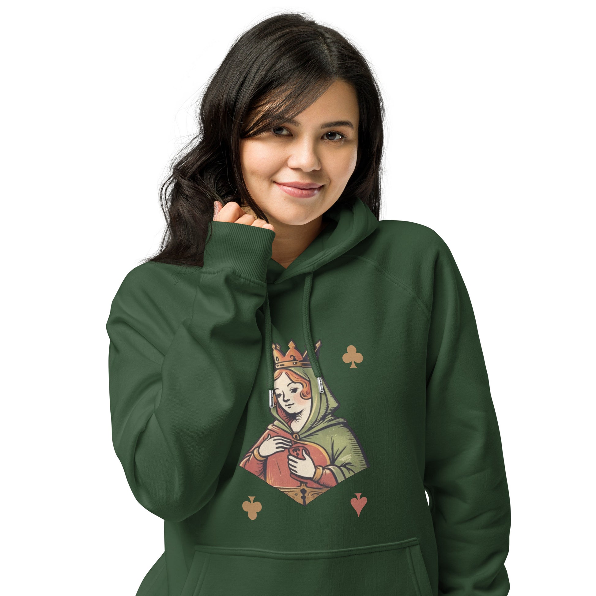 Ronas Design Queen of Cards Hoodie Front View on Women Model in Bottle Green
