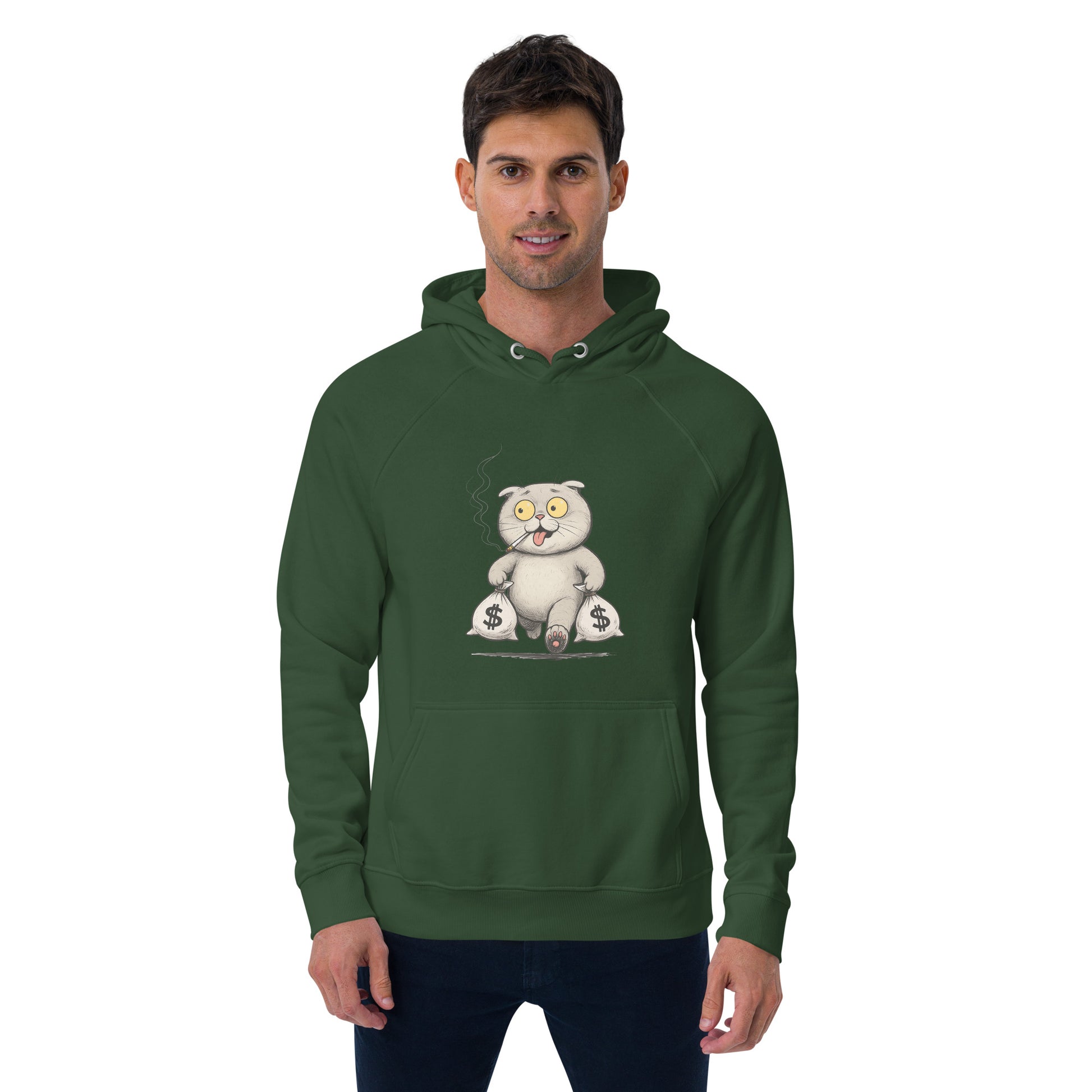 Ronas Design Money Cat Hoodie Front View on Men Model in Bottle Green