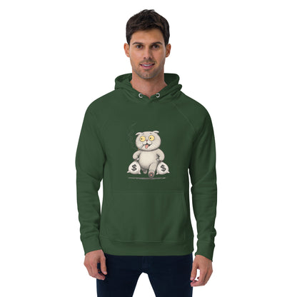 Ronas Design Money Cat Hoodie Front View on Men Model in Bottle Green