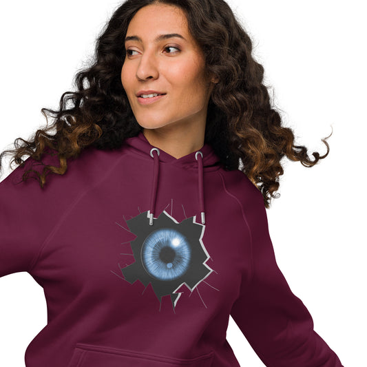Ronas Design Cracked Reality Eye Hoodie Front View on Women Model in Burgundy
