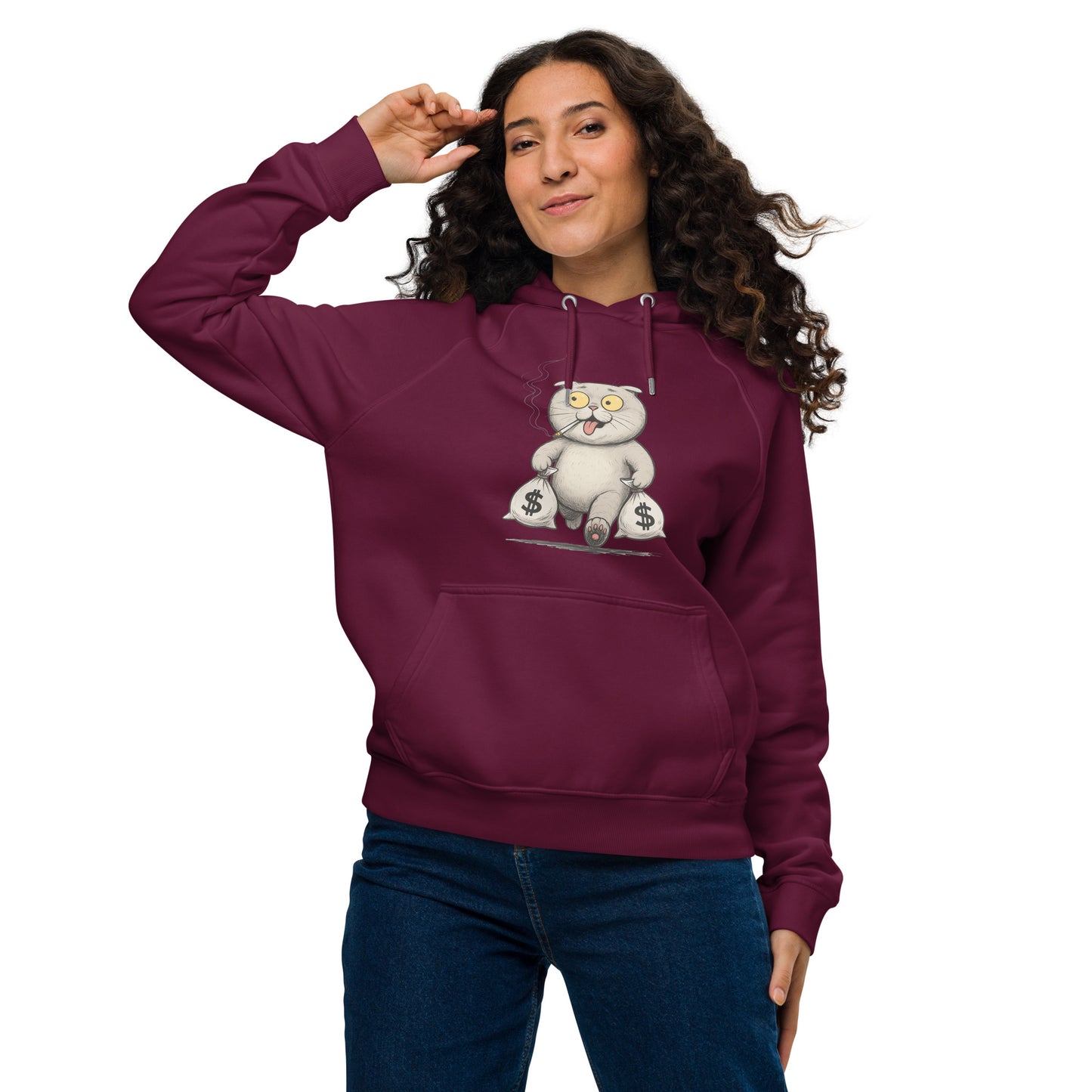 Ronas Design Money Cat Hoodie Front View on Women Model in Black
