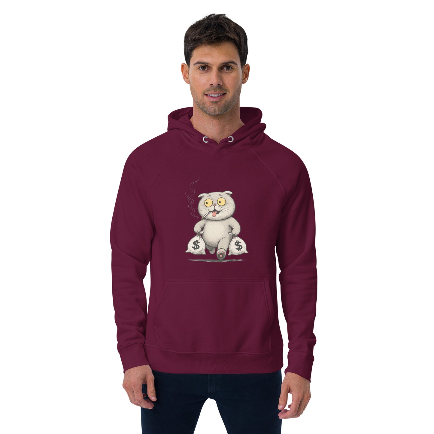 Ronas Design Money Cat Hoodie Front View on Men Model in Burgundy