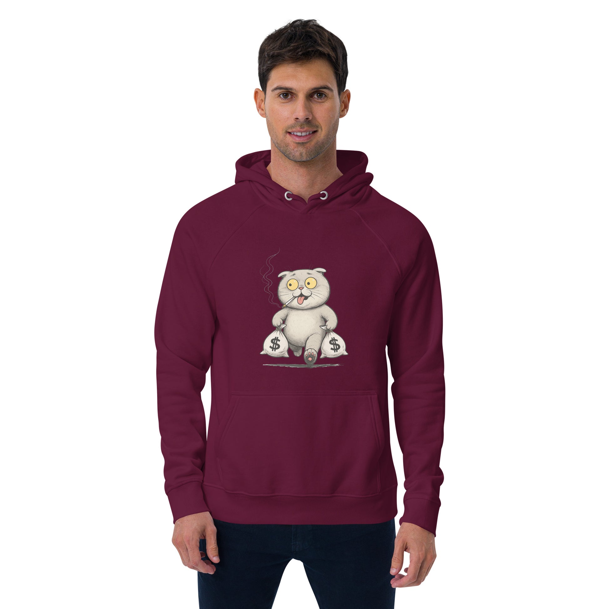 Ronas Design Money Cat Hoodie Front View on Men Model in Burgundy