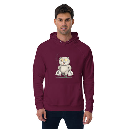 Ronas Design Money Cat Hoodie Front View on Men Model in Burgundy