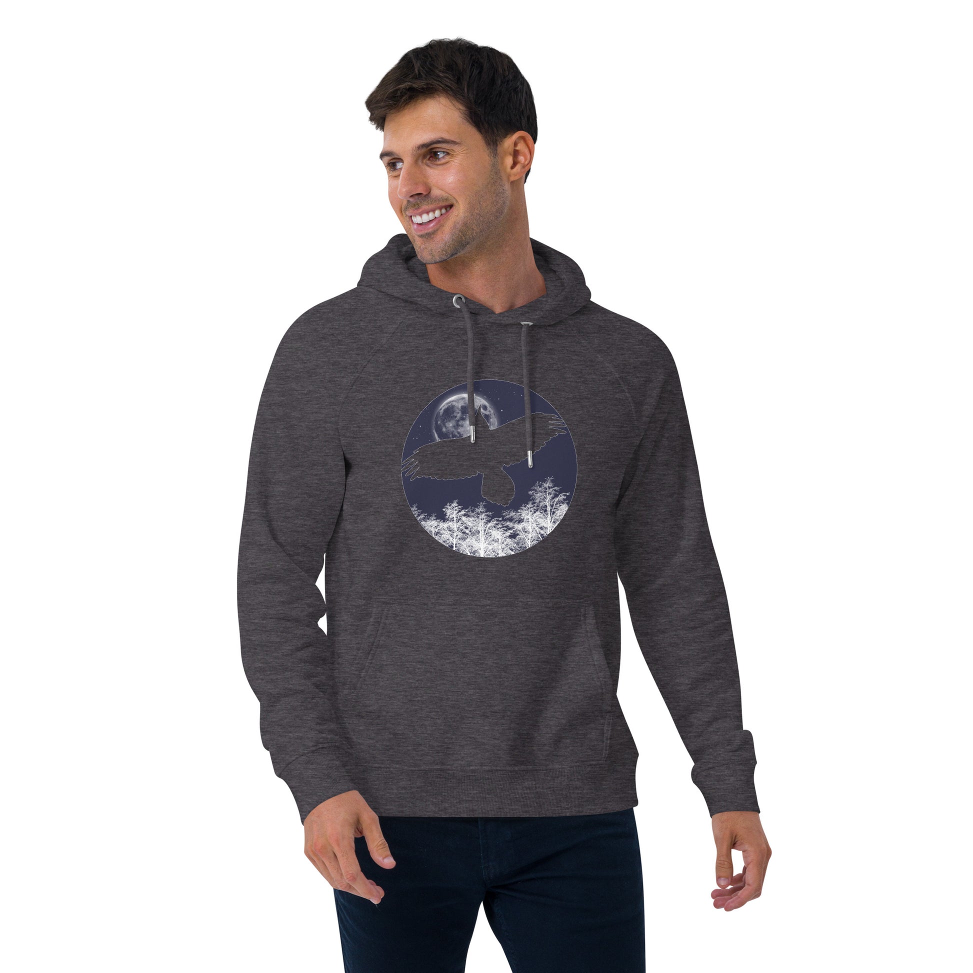 Ronas Design Midnight Moon Hoodie Front View on Men Model in Charcoal Melange