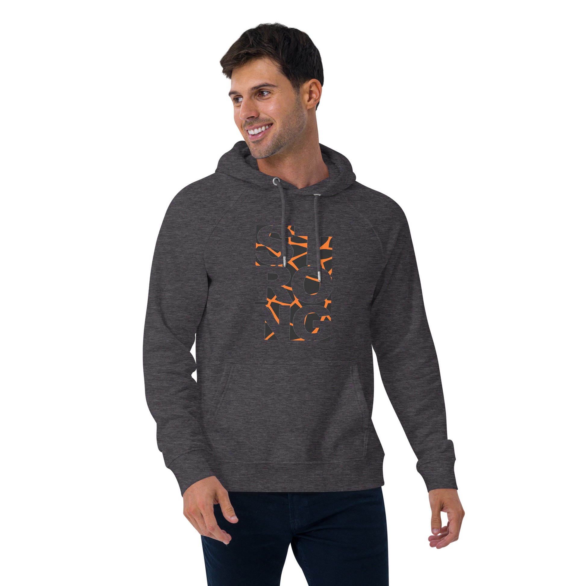 Ronas Design Strong Vibe Hoodie Front View on Men Model in Charcoal Melange