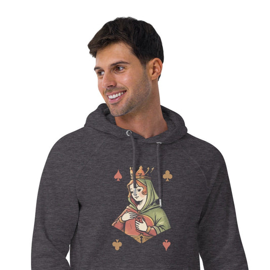 Ronas Design Queen of Cards Hoodie Front View on Men Model in Charcoal Melange