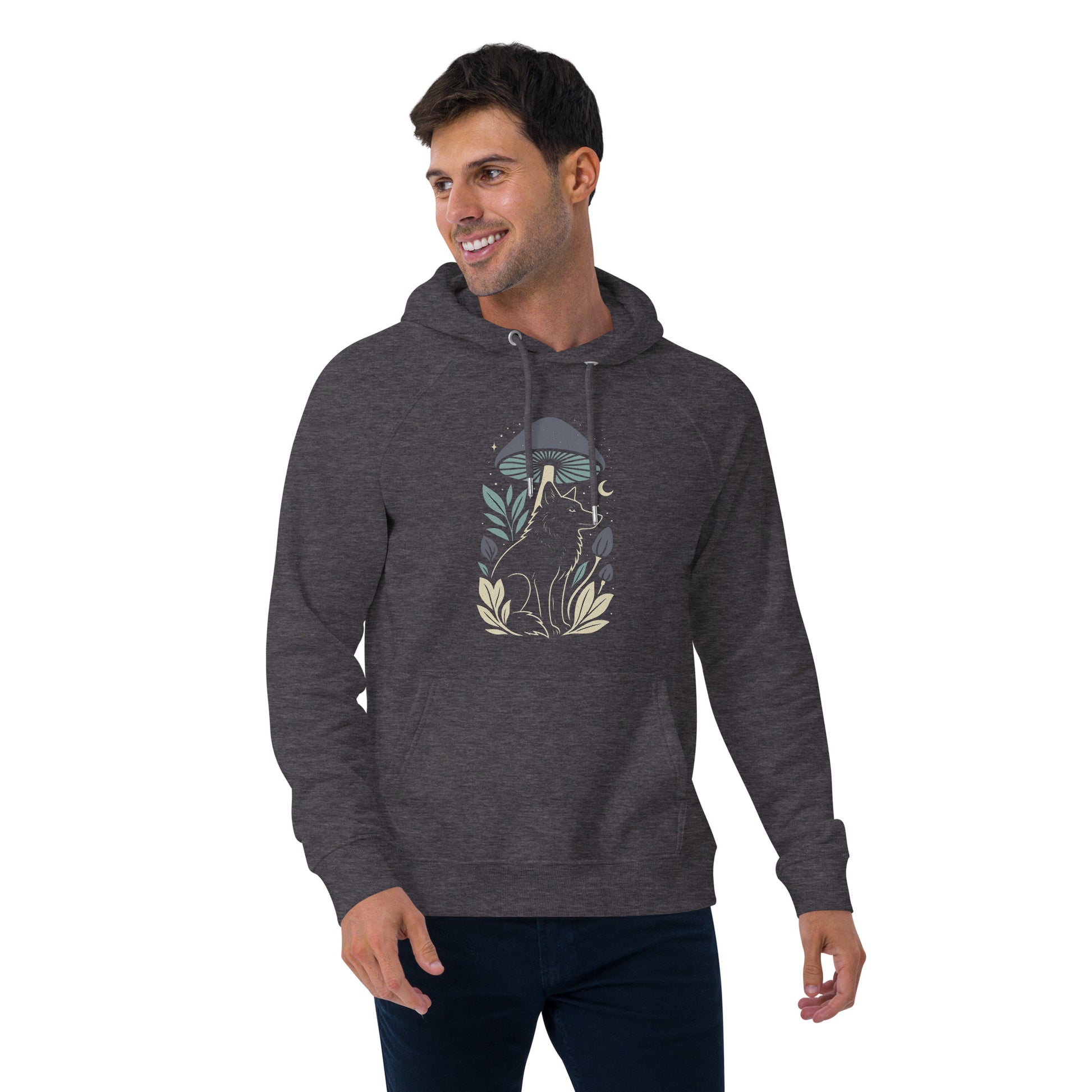 Ronas Design Mystic Wolf Hoodie Front View on Men Model in Charcoal Melange