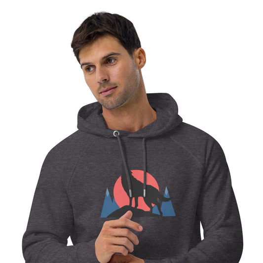 Ronas Design Sunset Wolf Howl Hoodie Front View on Men Model in Charcoal Melange