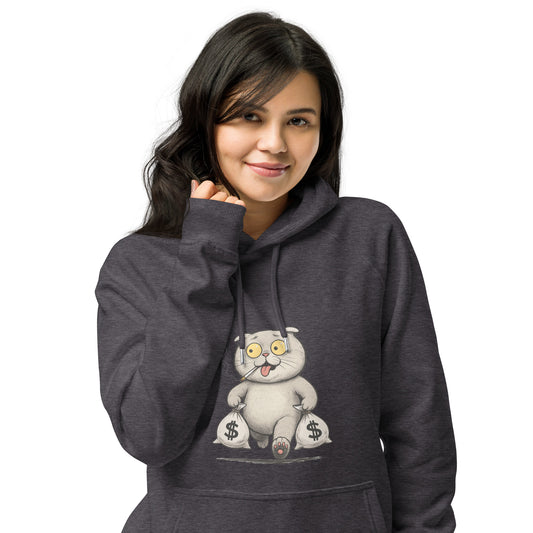 Ronas Design Money Cat Hoodie Front View on Women Model in Charcoal Melange