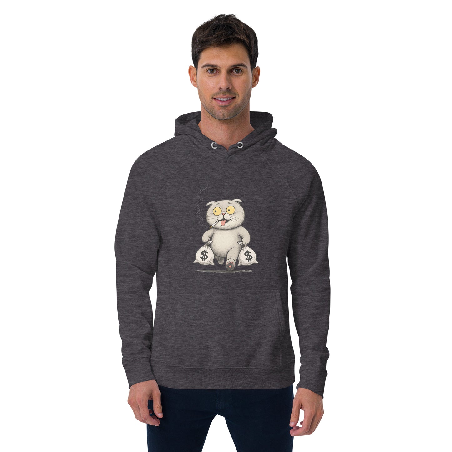 Ronas Design Money Cat Hoodie Front View on Men Model in Charcoal Melange