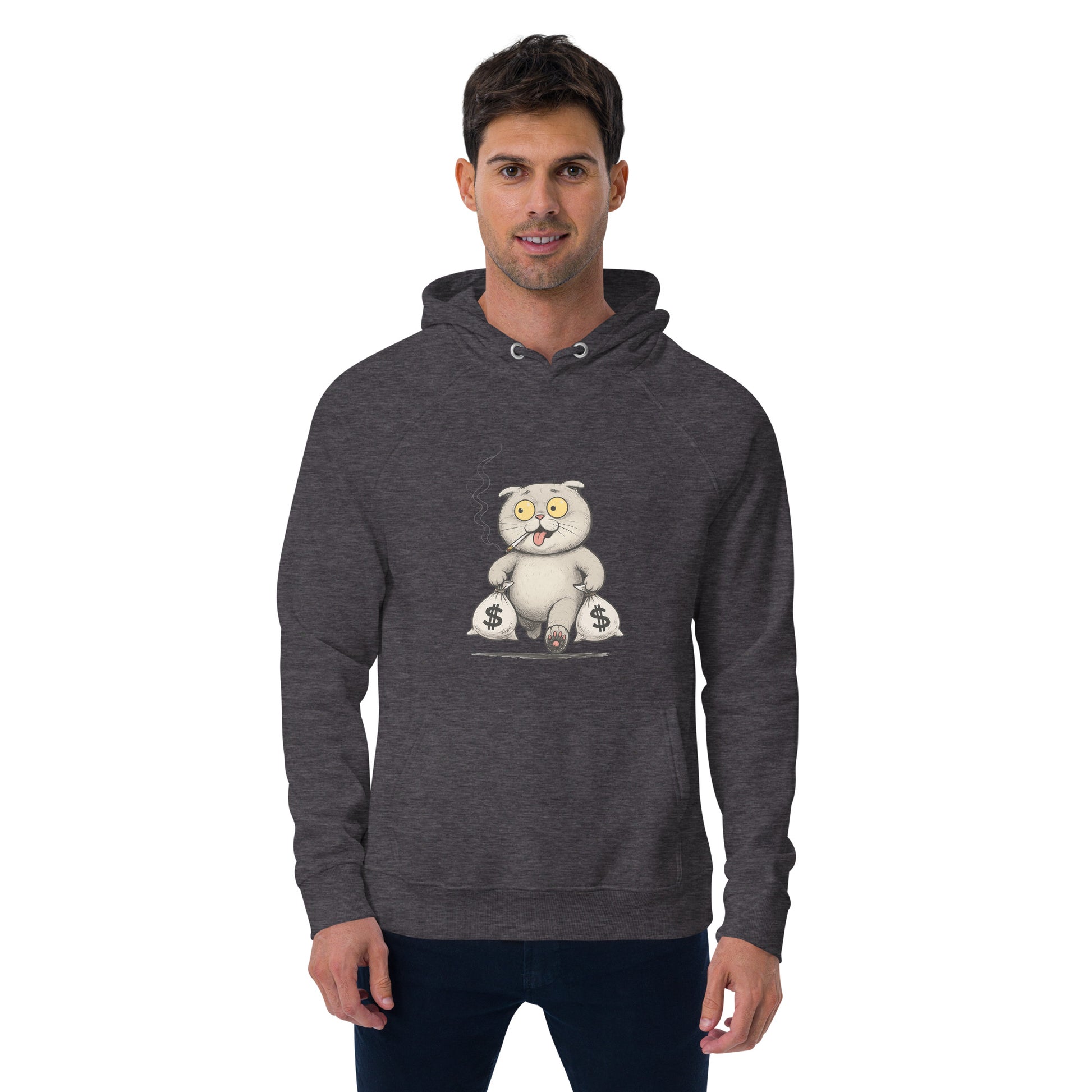 Ronas Design Money Cat Hoodie Front View on Men Model in Charcoal Melange