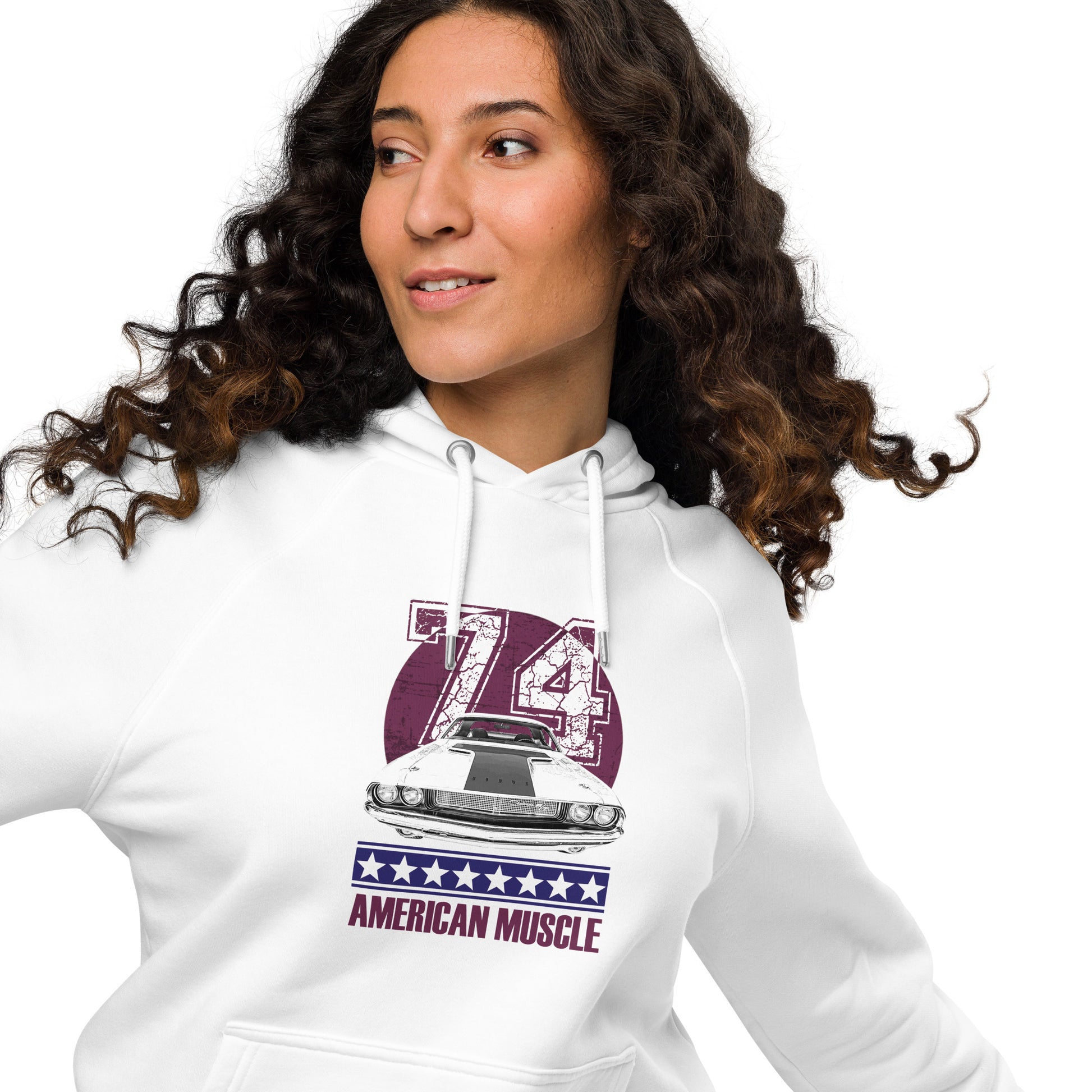 Ronas Design American Muscle Hoodie Front View on Women Model in White