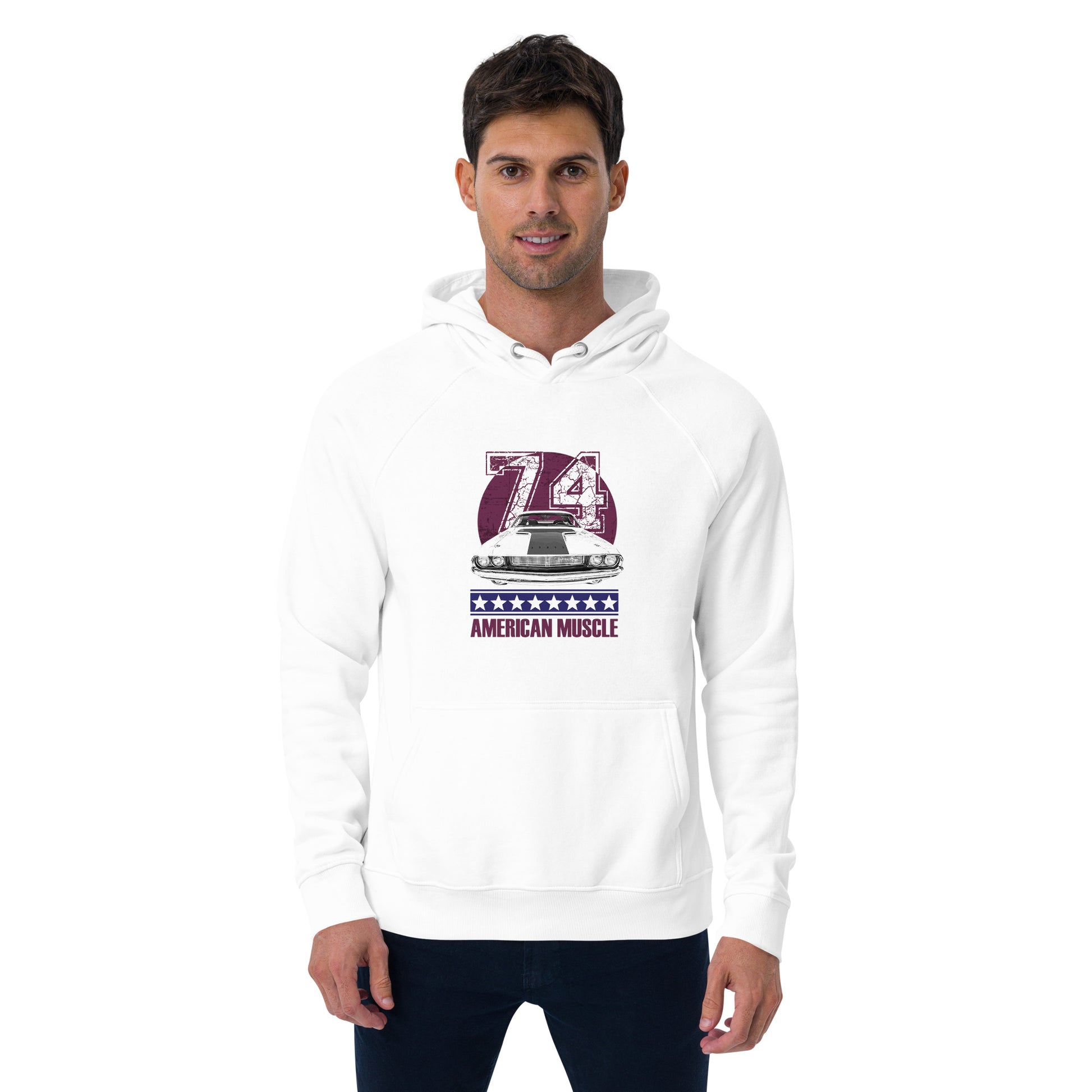 Ronas Design American Muscle Hoodie Front View on Men Model in White