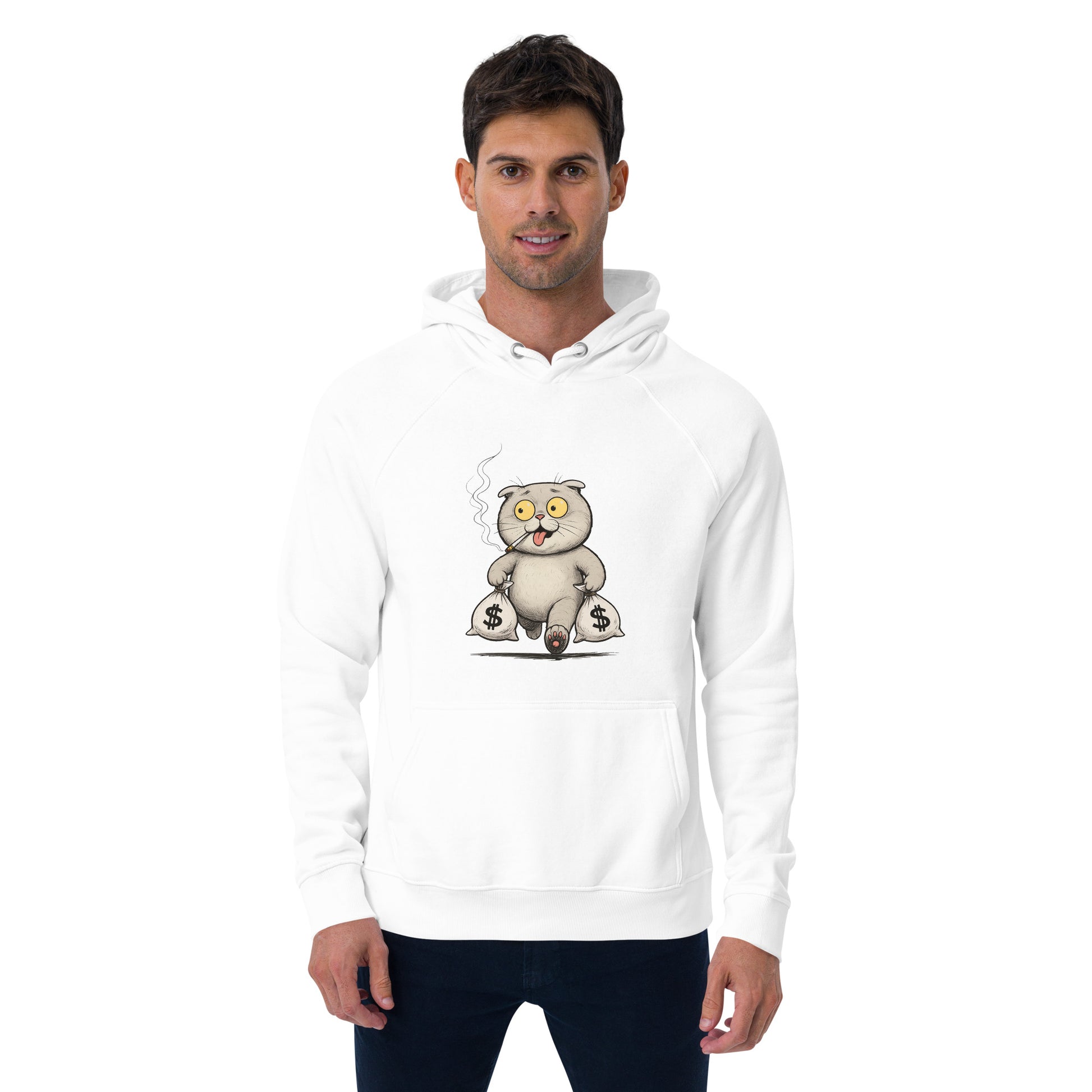 Ronas Design Money Cat Hoodie Front View on Men Model in White