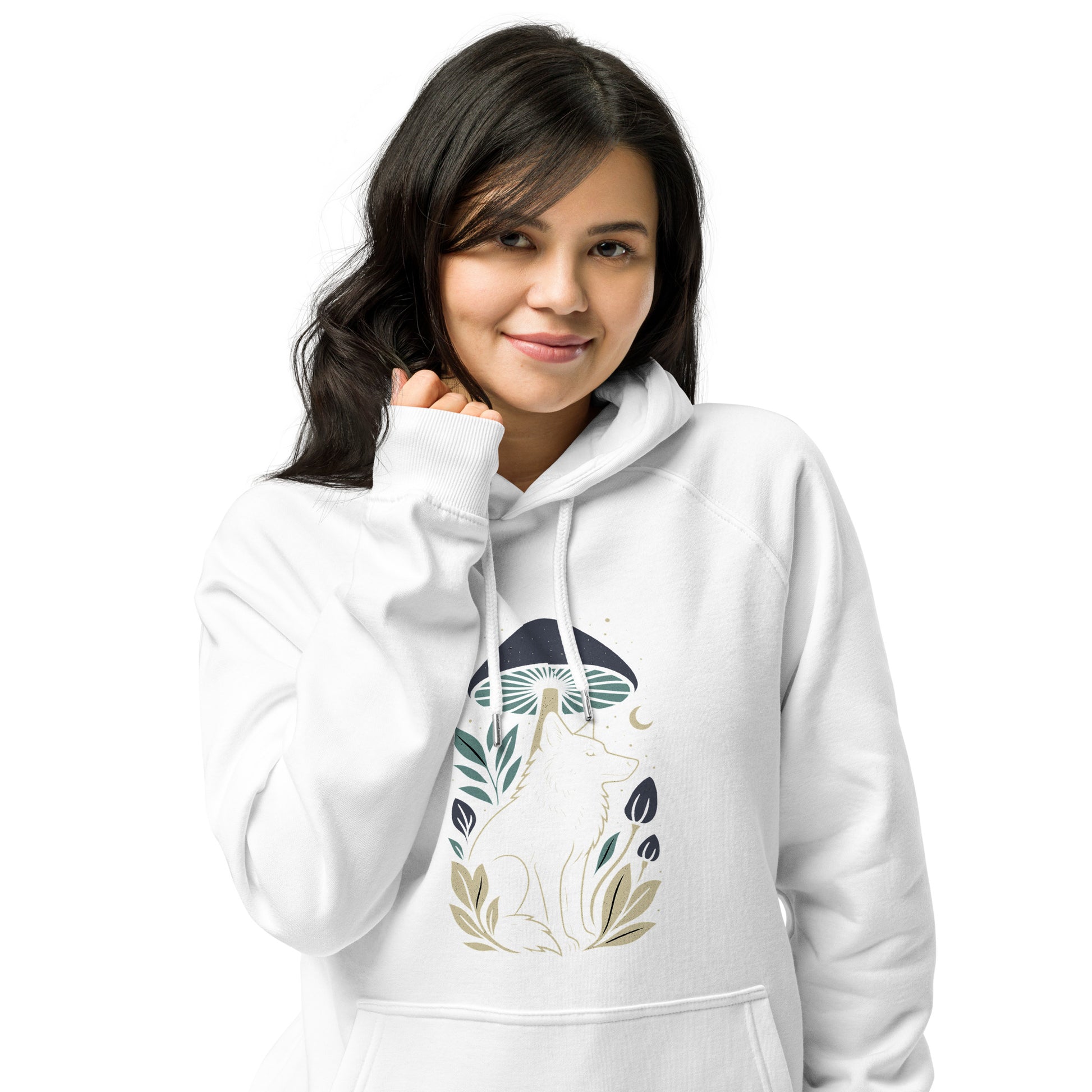 Ronas Design Mystic Wolf Hoodie Front View on Women Model in White