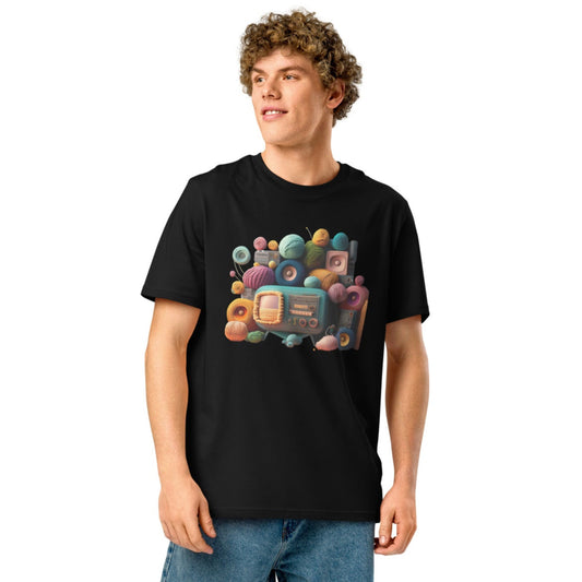 Ronas Design Retro Yarn Radio T-Shirt Front View on Men Model in Black