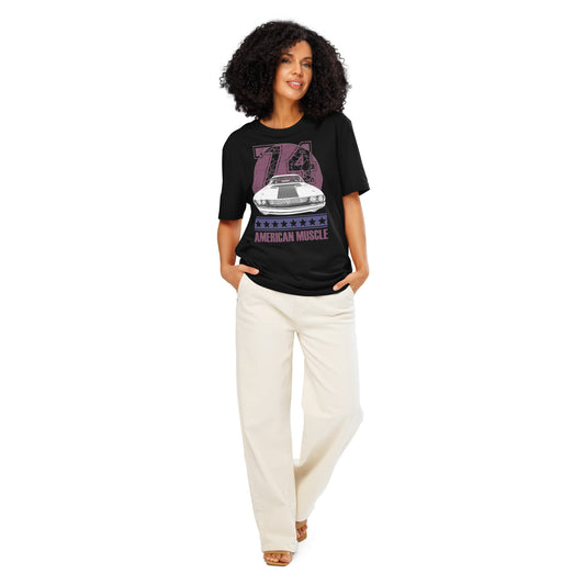 Ronas Design American Muscle T-Shirt Front View on Women Model in Black