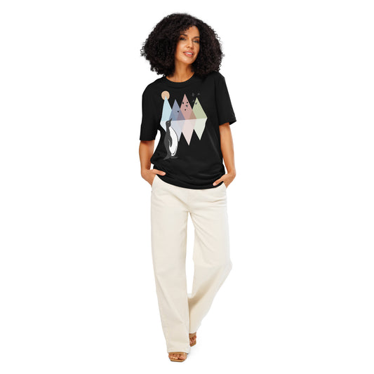 Ronas Design Geometric Penguin T-Shirt Front View on Women Model in Black