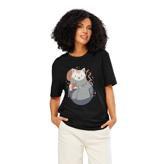 Ronas Design Cozy Cat T-Shirt Front View on Women Model in Black